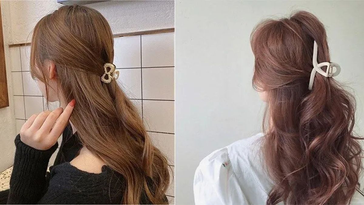Hai kiểu tóc xoăn dài được giữ bằng kẹp tóc trang trí, chụp từ phía sau.