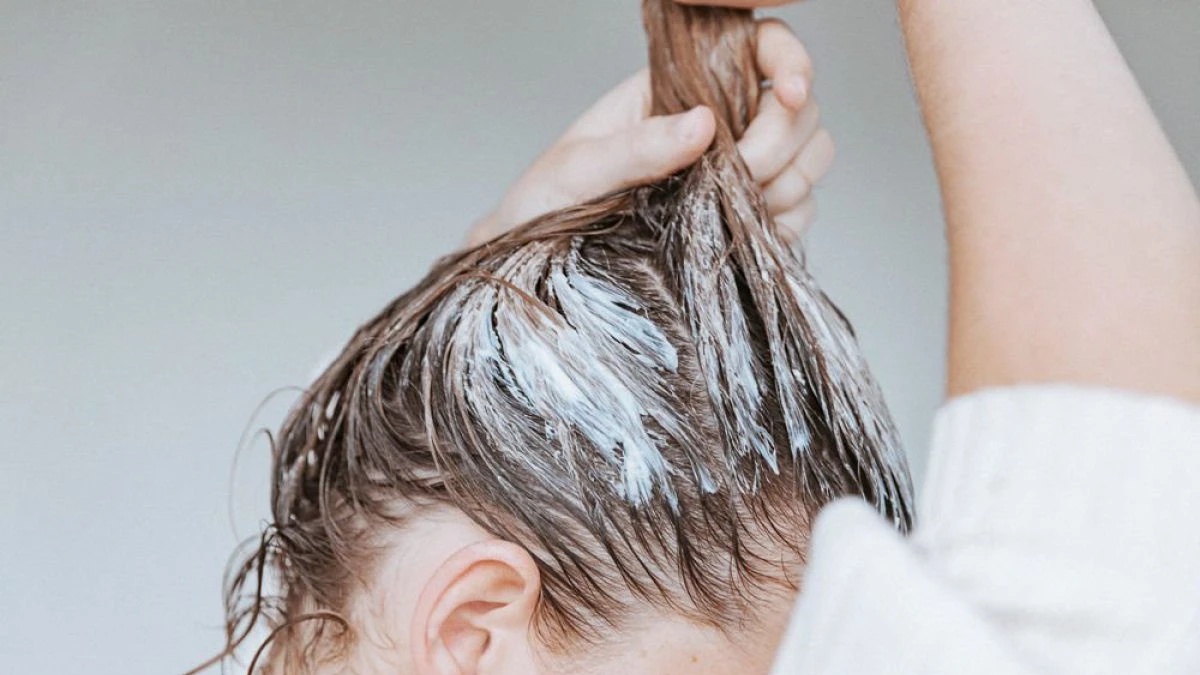 Người cầm tóc ướt với kem dưỡng hoặc thuốc nhuộm được thoa đều lên tóc.
