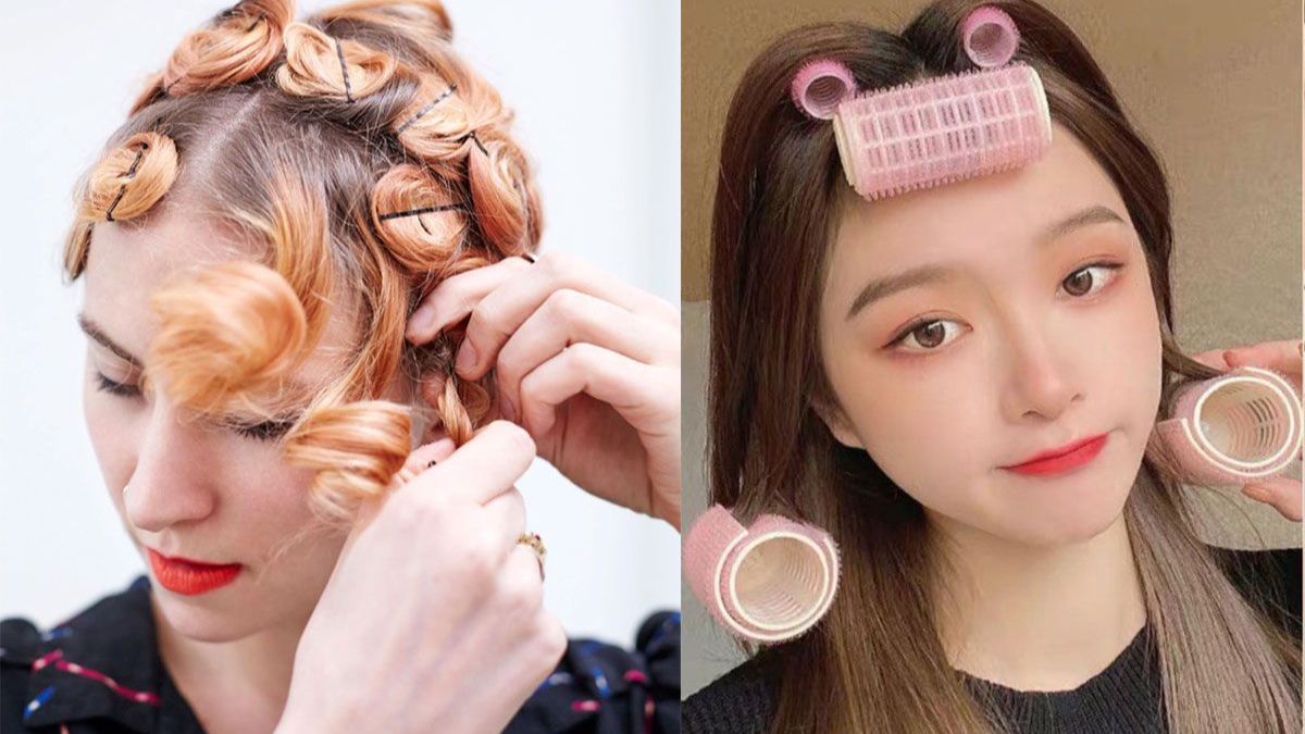 Người đang sử dụng lô cuốn tóc. Một người tóc xoăn, một người tóc thẳng với lô cuốn màu hồng.