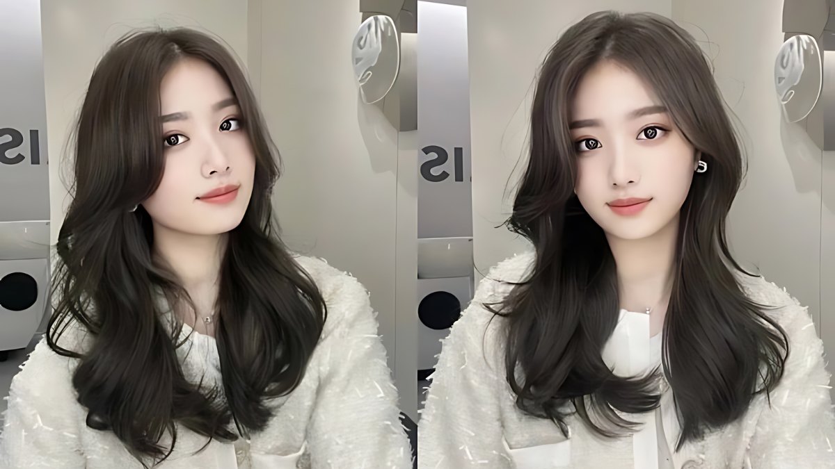 Hai bức ảnh của một người với mái tóc dài, mặc áo khoác sáng màu, chụp trong một không gian nội thất.
