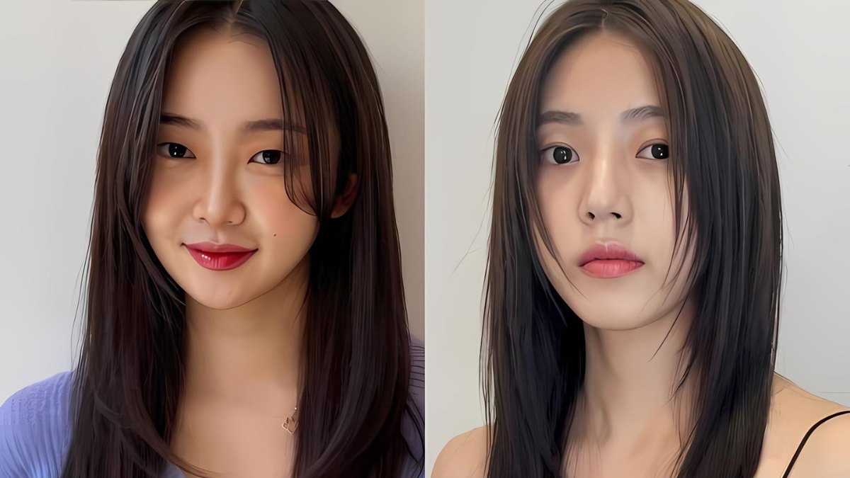 Hai người với mái tóc dài thẳng, chụp cận cảnh, nền trắng.