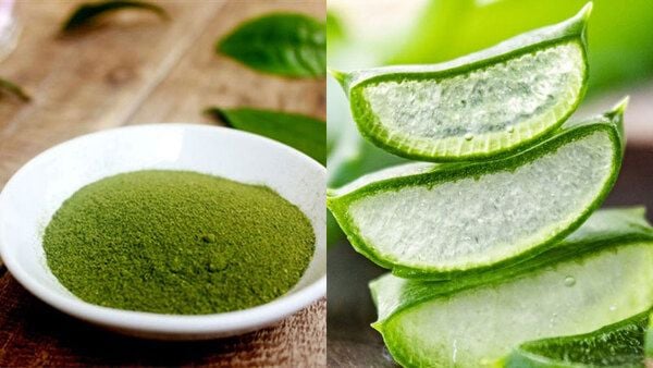 Bột xanh trong bát và các lát nha đam tươi trên bàn gỗ.