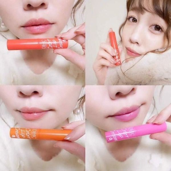 Bốn hình ảnh người cầm son dưỡng môi màu cam và hồng, thể hiện sự khác biệt màu sắc trên môi.