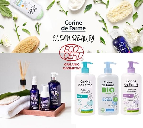 Sản phẩm chăm sóc da và cơ thể Corine de Farme, bao gồm gel và dầu gội, với chứng nhận hữu cơ ECOCERT.