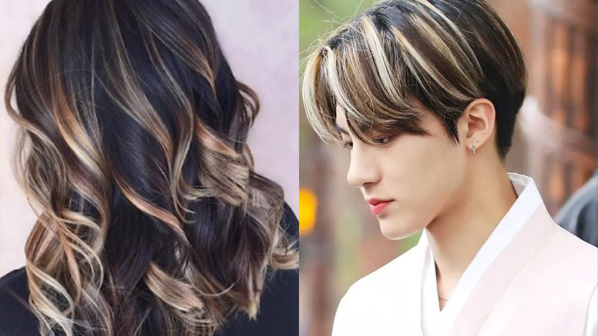 den-khoi-10 Hình ảnh gồm một kiểu tóc nhuộm highlight xoăn dài và một kiểu tóc ngắn nhuộm highlight cho nam giới.