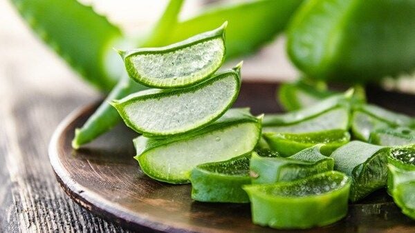 Các lát nha đam tươi xanh được xếp trên một chiếc đĩa gỗ, với các lá nha đam xung quanh.