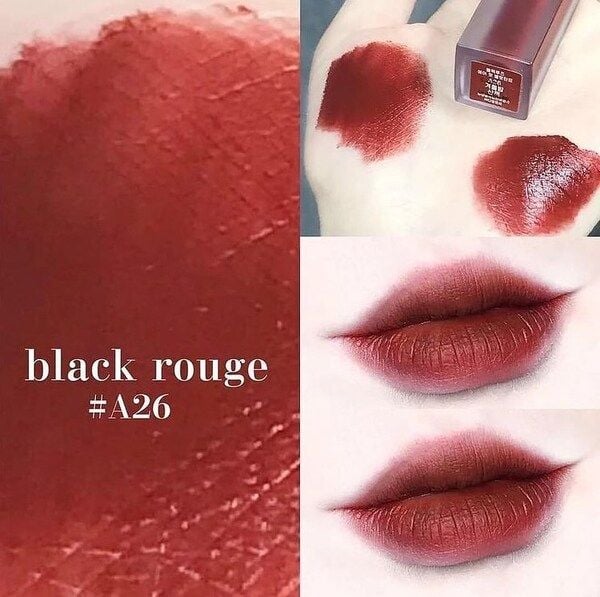 Hình ảnh son môi màu đỏ tông trầm, với mẫu thử trên tay và đôi môi tô son, kèm chữ "black rouge #A26".