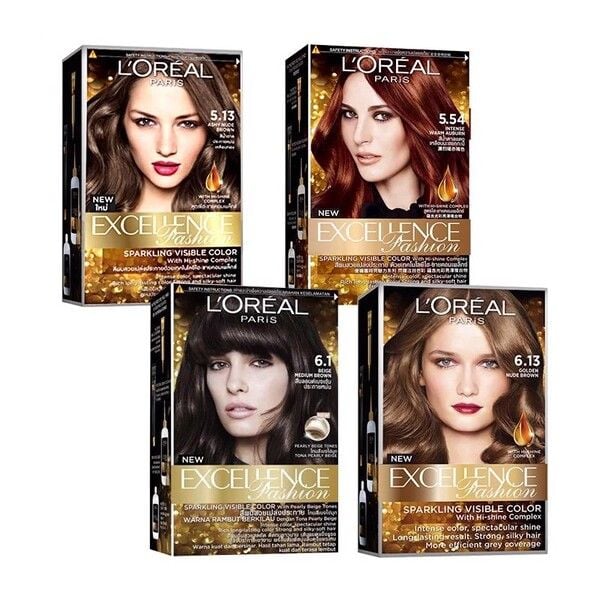 Hộp thuốc nhuộm tóc L'Oreal Excellence Fashion với hình ảnh người mẫu và các màu sắc khác nhau.