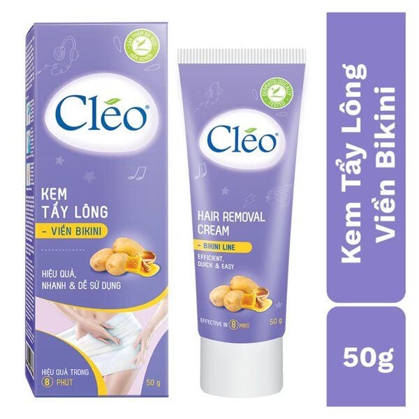 kem_tay_long_vien_bikini_cleo_hair_removal_cream_-_bikini_line_5b9a680a2d1b4e94a476995fd050c6d8_grande Hộp và tuýp kem tẩy lông Cleo, màu tím, dành cho vùng bikini, có hình quả óc chó.