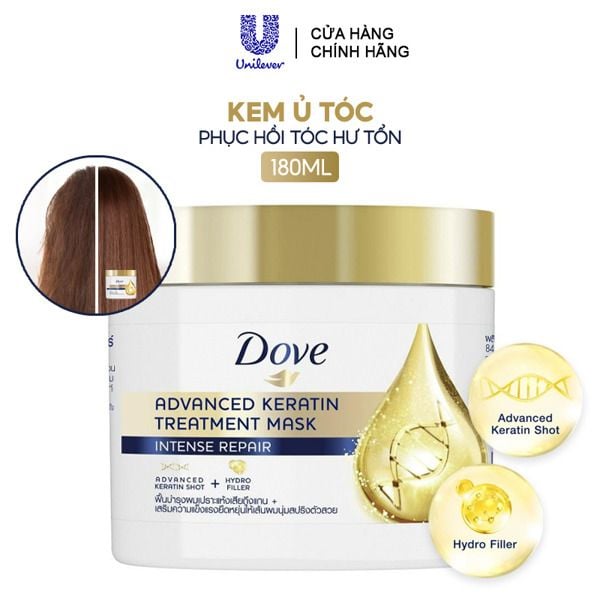 kem_u_toc_dove_bong_muot_tuc_thoi_ad9bca5f7a4640038d7da096966a1adc_grande Hũ kem ủ tóc Dove Advanced Keratin Treatment Mask 180ml, nền trắng, cạnh là hình giọt nước và tóc trước/sau.