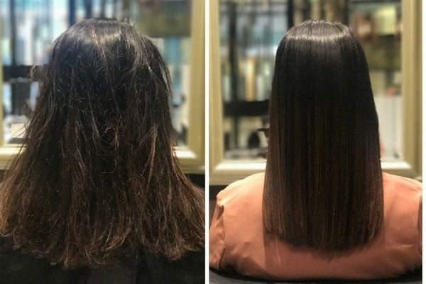 keratin_la_gi_09726cfa9fb44d7e8dba84e94a605ba0_grande Hình ảnh so sánh trước và sau khi làm tóc, từ tóc xù sang tóc thẳng mượt, chụp từ phía sau trong salon.