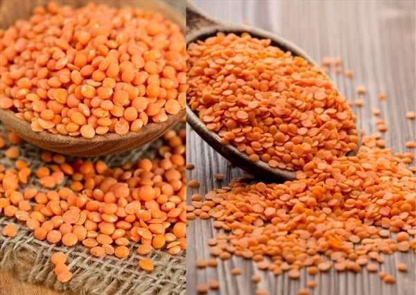 Hai bức ảnh đậu lăng đỏ trong bát gỗ và đổ ra trên mặt bàn.