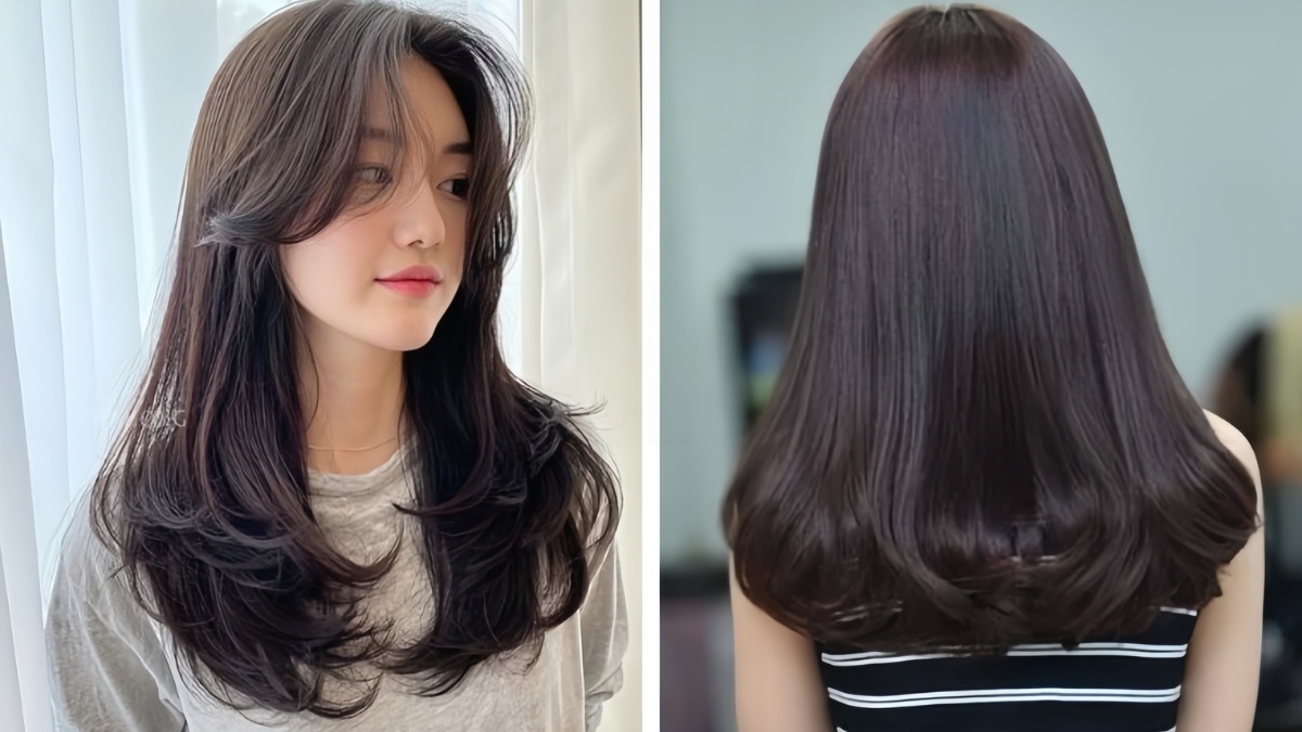 Hai kiểu tóc dài thẳng với lớp cắt tỉa và tạo kiểu bồng bềnh, một nhìn từ phía trước, một từ phía sau.