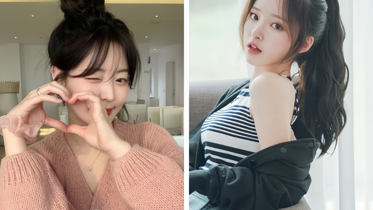Hai phụ nữ tạo dáng trong hai bức ảnh: một người tạo hình trái tim, người kia nhìn nghiêng với áo kẻ sọc.