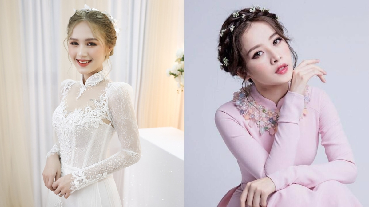 Hai người mặc áo dài, một người áo dài trắng trong phòng sáng, người kia áo dài hồng với họa tiết hoa.