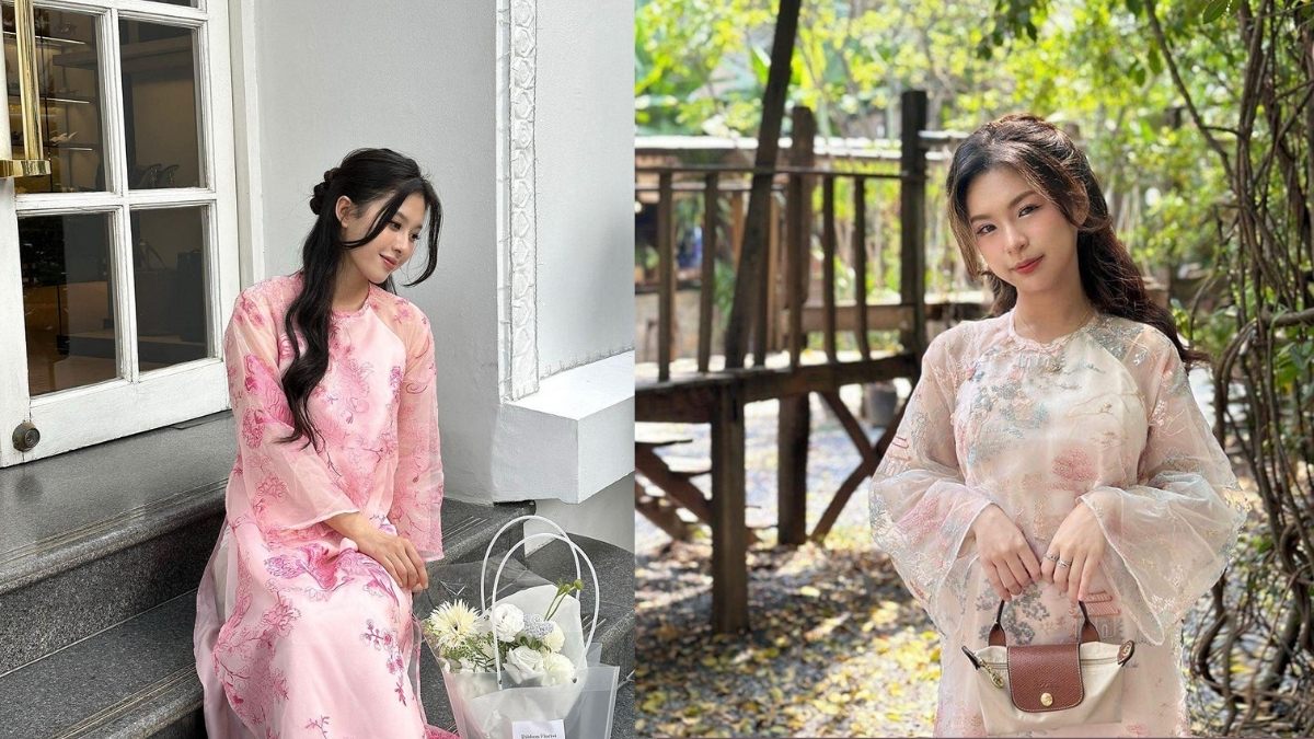 Người mặc áo dài hồng ngồi trong nhà và đứng ngoài trời, bên cạnh là giỏ hoa và cây xanh.