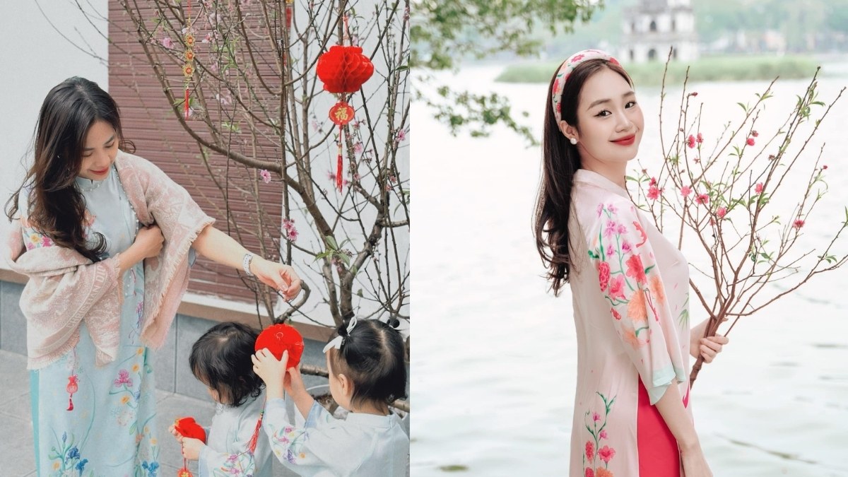 Người phụ nữ và trẻ em mặc áo dài, trang trí cây hoa đào; người phụ nữ khác cầm cành hoa đào bên hồ.