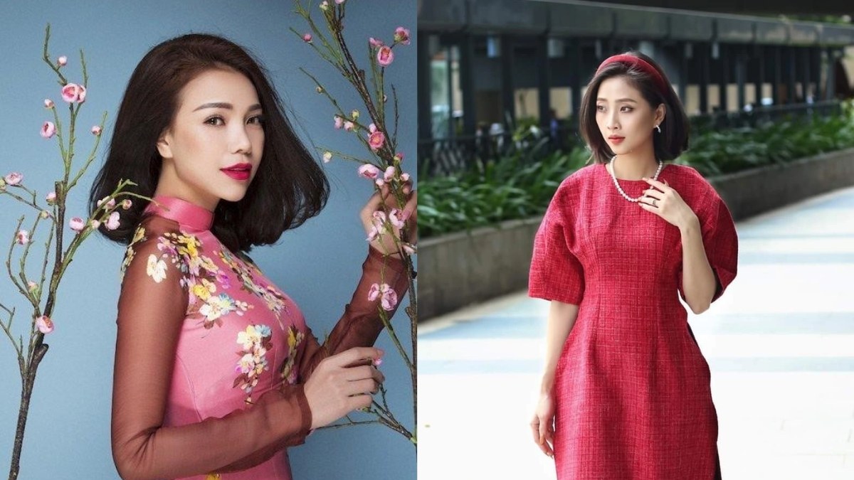 Bên trái: Người mặc áo dài hồng hoa đào. Bên phải: Người mặc váy đỏ, đứng trên lối đi với cây xanh phía sau.