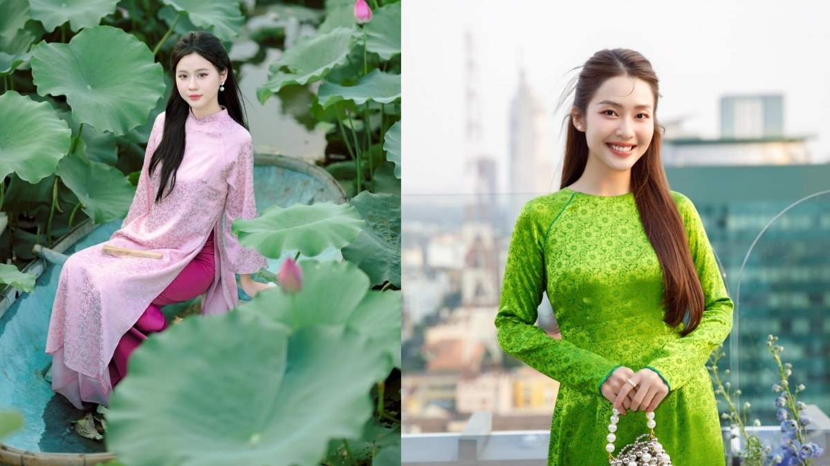 Người mặc áo dài truyền thống, ngồi trong thuyền giữa hồ sen và đứng trên sân thượng với phông nền thành phố.
