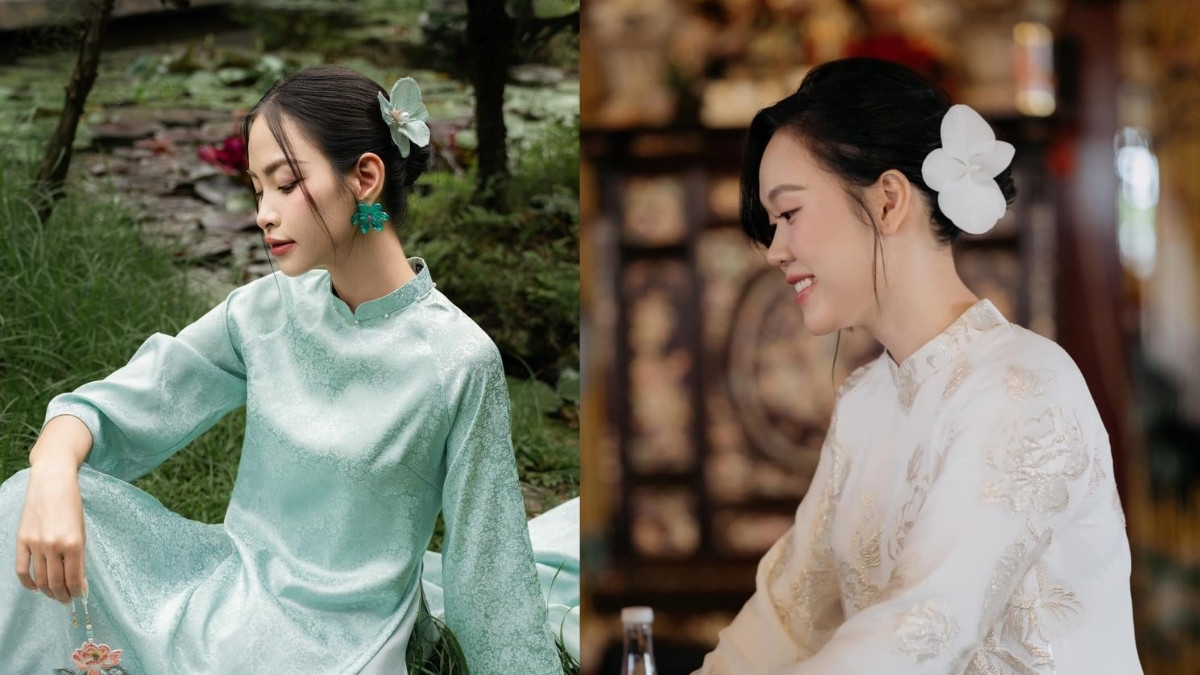 Hai phụ nữ mặc áo dài truyền thống, một người giữa thiên nhiên, người kia trong không gian nội thất.