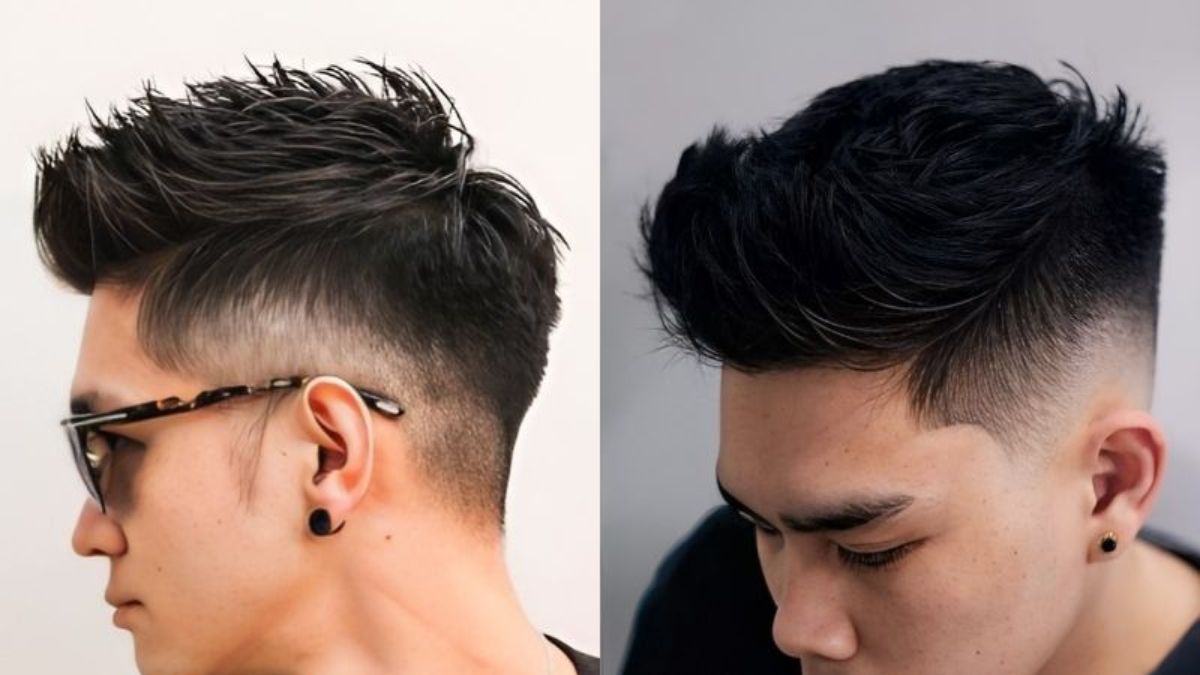 Hai kiểu tóc nam hiện đại, bên trái là tóc vuốt dựng, bên phải là tóc ngắn gọn gàng, cả hai có phần cạo sát.
