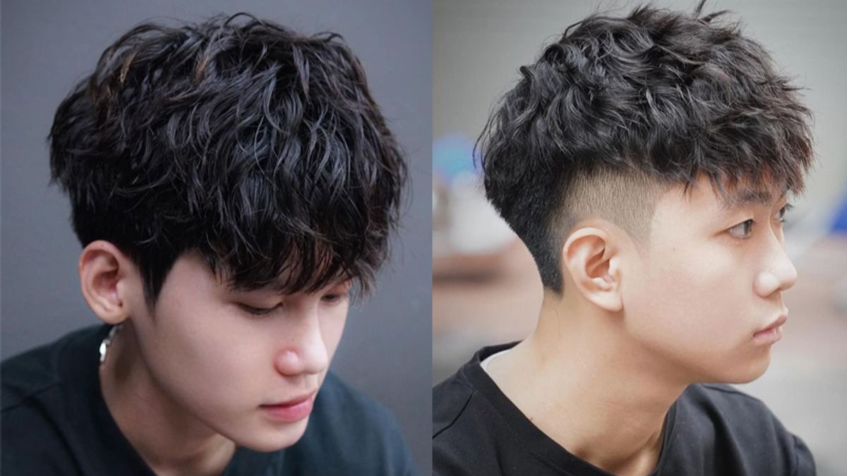 Hai kiểu tóc nam ngắn, xoăn nhẹ, nhìn từ góc nghiêng và góc thẳng.