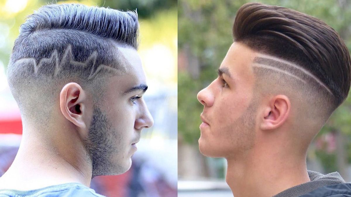 Hai người với kiểu tóc undercut sáng tạo, một bên có họa tiết hình sóng và bên kia có ba đường kẻ.