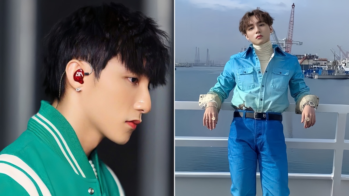 kieu-toc-son-tung-15 Bên trái: Người đeo tai nghe màu đỏ, áo xanh. Bên phải: Người mặc trang phục xanh, đứng trên tàu, nền là cảng biển.