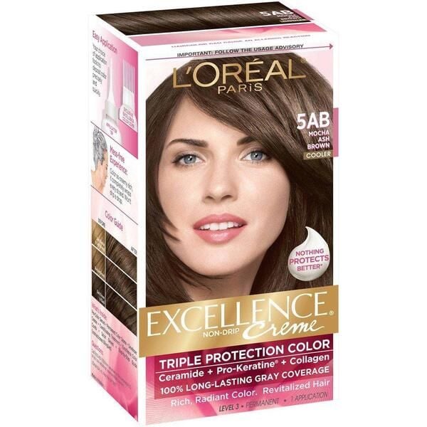 Hộp thuốc nhuộm tóc L'Oreal Excellence Creme, màu nâu mocha, với hình ảnh mẫu tóc nổi bật trên bao bì.