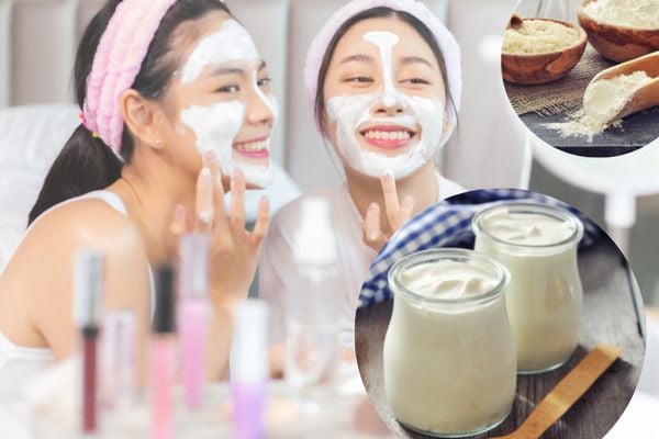 Hai người đắp mặt nạ sữa chua, bên cạnh là hình ảnh sữa chua và bột trong bát gỗ.