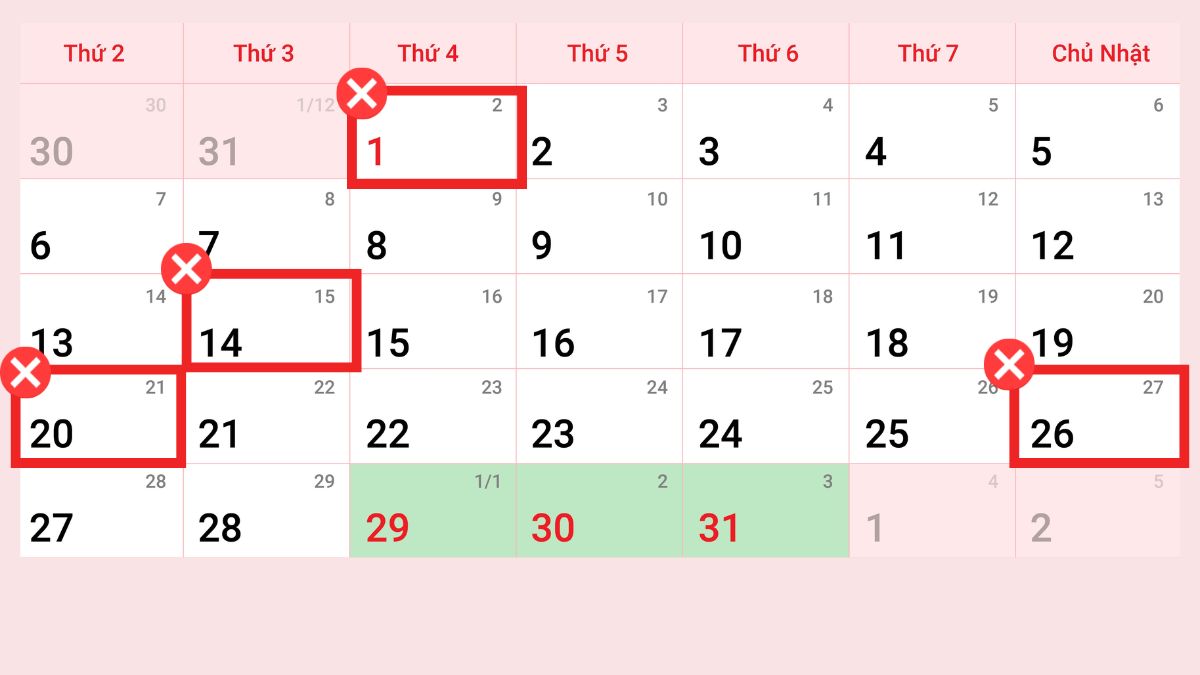 Lịch tháng 1 năm 2023, đánh dấu đỏ các ngày 1, 14, 20, 26, có nền xanh từ ngày 29 đến 31.