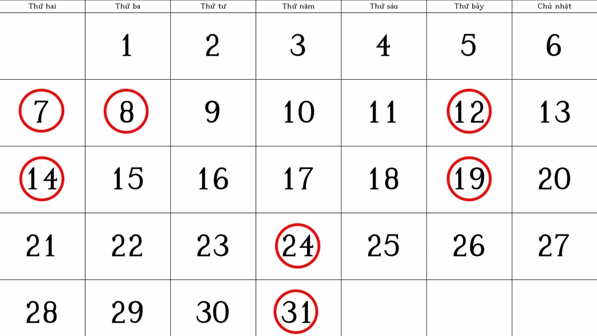 Lịch tháng với các ngày 7, 8, 12, 14, 19, 24, 31 được khoanh tròn màu đỏ.