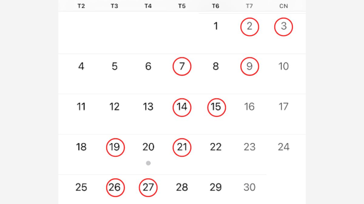 Lịch tháng với các ngày được khoanh tròn đỏ gồm: 2, 3, 7, 9, 14, 15, 19, 21, 26, 27.