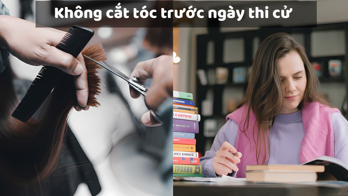 Cắt tóc và học bài, hình ảnh chia đôi: bên trái là cắt tóc, bên phải là người đọc sách trước chồng sách.