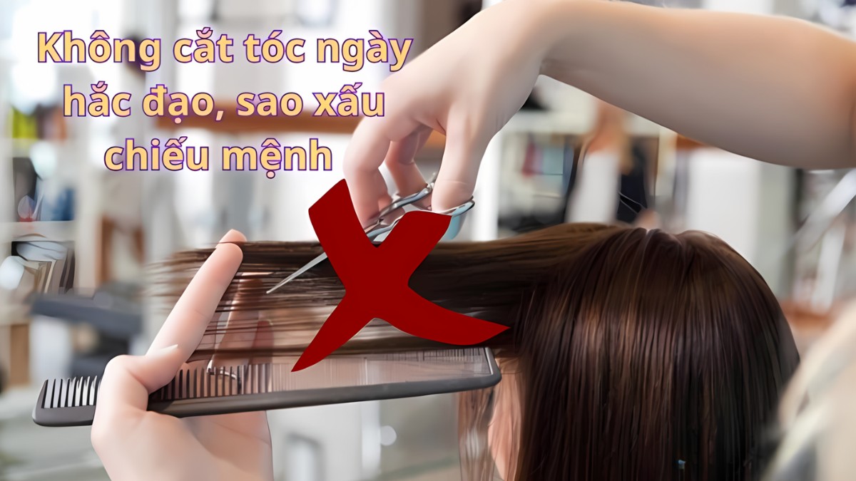 Người đang cắt tóc với kéo và lược, có biểu tượng dấu X màu đỏ trên hình ảnh.