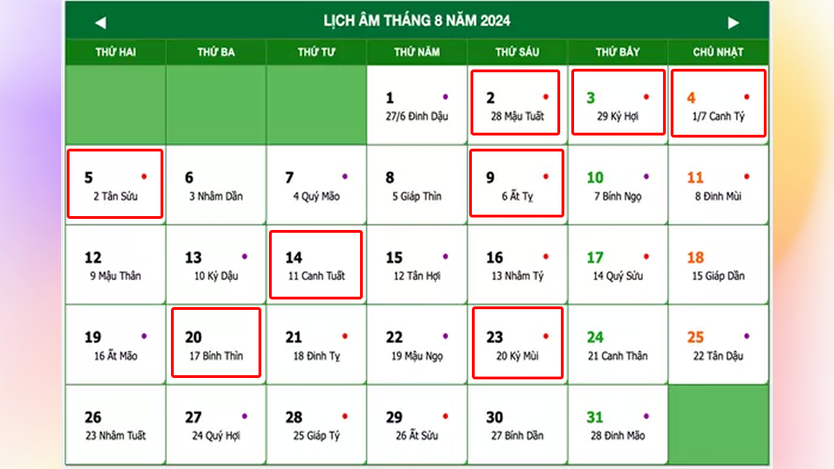Lịch âm tháng 8 năm 2024, hiển thị ngày âm lịch và ngày dương lịch tương ứng, có các ngày đặc biệt được tô đỏ.