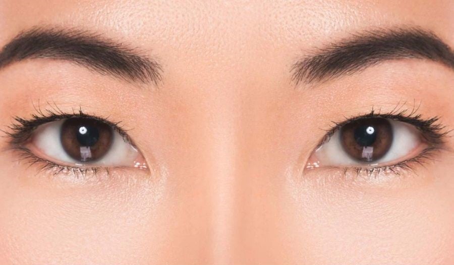 Đôi mắt nhìn thẳng với lông mày đậm và lông mi dài, ánh sáng phản chiếu trong mắt.