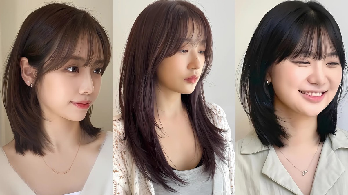 mat-tam-giac-nguoc-de-toc-gi-8 Ba người với các kiểu tóc khác nhau, có mái, đứng trước nền sáng.