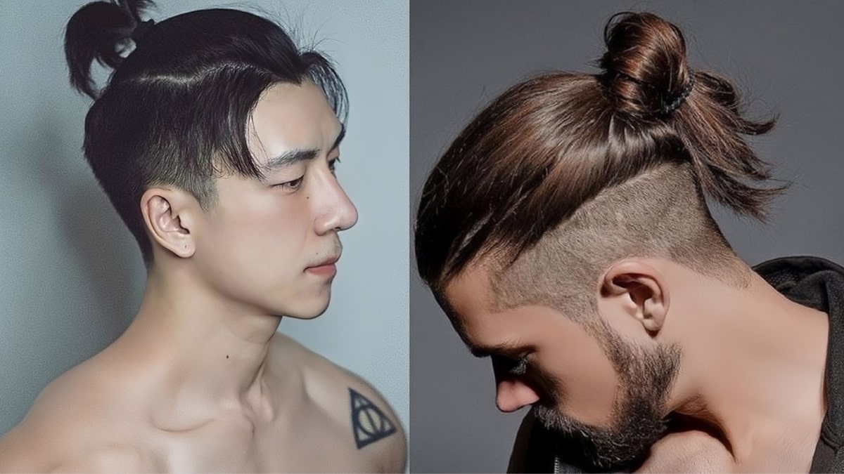 Hai người đàn ông với kiểu tóc búi cao, một người có hình xăm trên vai, người kia có râu và tóc cạo hai bên.