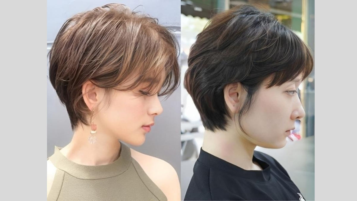 Hai người với kiểu tóc ngắn khác nhau, nhìn nghiêng, trong bối cảnh ngoài trời.