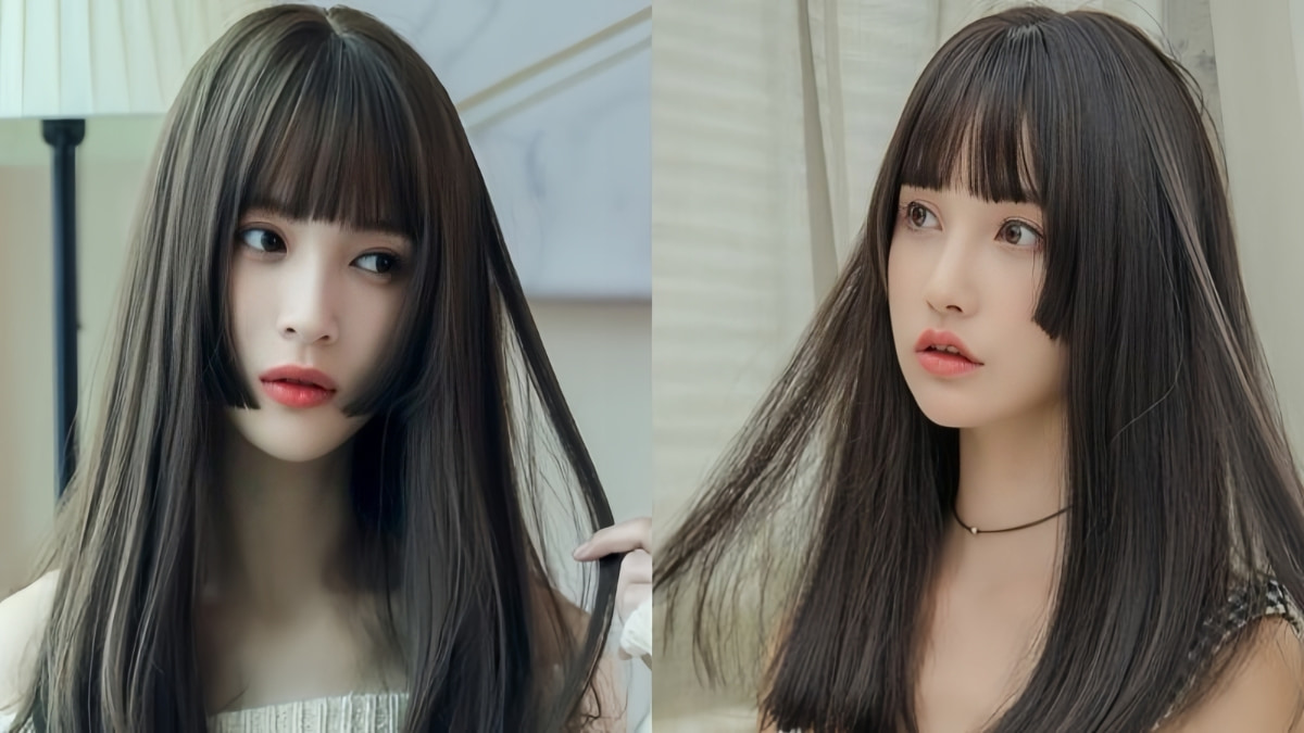 Hai người với tóc dài và mái ngang, nhìn về hướng khác nhau trong không gian nội thất sáng.