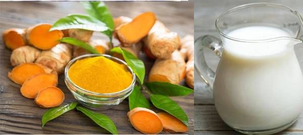 Nghệ tươi và bột nghệ trong bát, bên cạnh là bình đựng sữa trên mặt bàn gỗ.