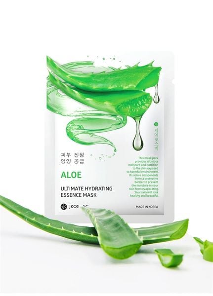 Mặt nạ dưỡng da chiết xuất lô hội, hình ảnh lá lô hội và giọt tinh chất trên bao bì, nền trắng.