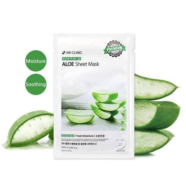 Bao bì mặt nạ dưỡng da lô hội, có hình ảnh lá lô hội và các từ "Moisture" và "Soothing".