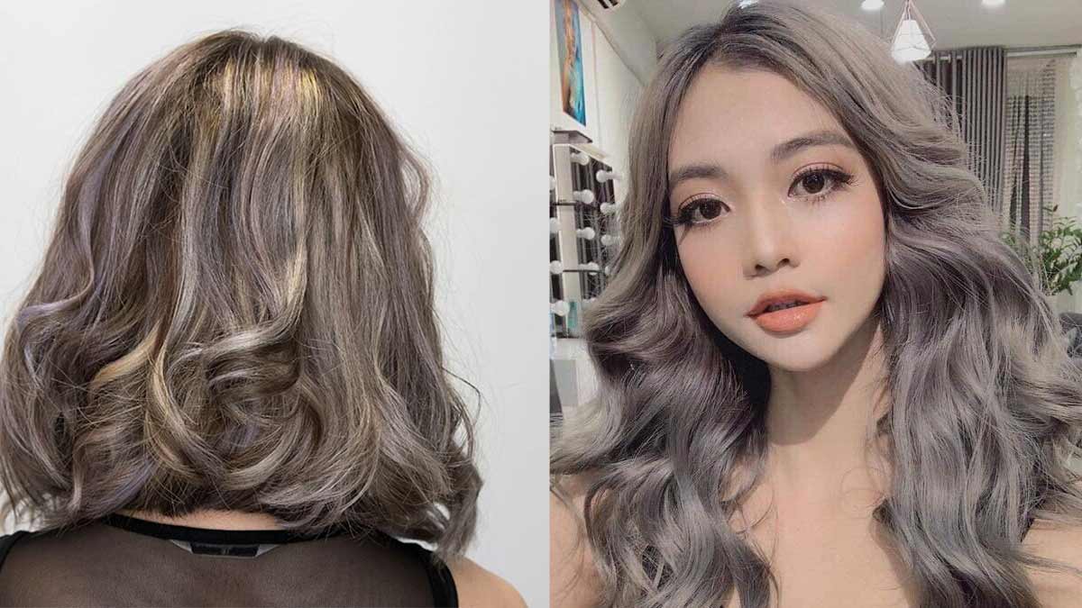 mau-khoi-5 Người có mái tóc nhuộm màu xám tro, hình ảnh bên trái chụp từ sau lưng, bên phải chụp từ phía trước mặt.