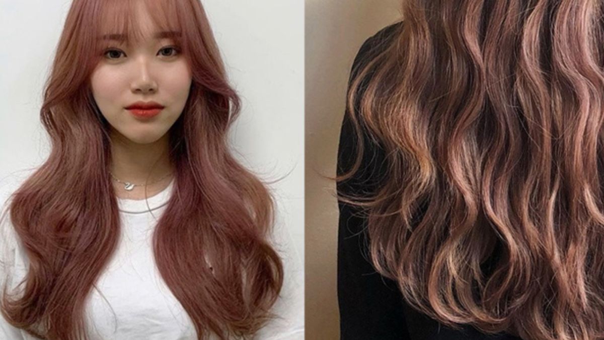 Hình ảnh một người với mái tóc dài màu nâu ánh đỏ, bên cạnh là hình chi tiết sóng tóc.
