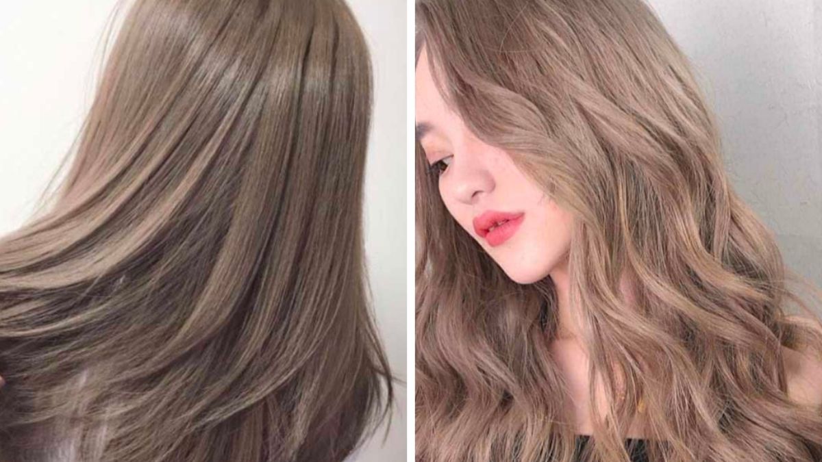 mau-nau-khoi-12 Mái tóc màu nâu khói, bên trái là tóc thẳng, bên phải là tóc xoăn nhẹ, tạo kiểu hiện đại.