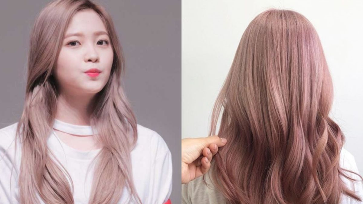 Hình ảnh tóc nhuộm màu hồng nhạt, một bên là mặt trước, một bên là mặt sau của mái tóc.