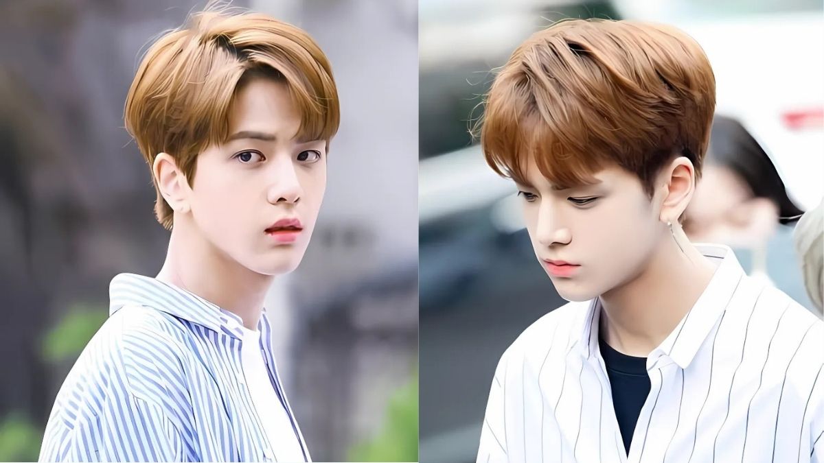 mau-nau-lanh-nam-10 Hai người trẻ mặc áo sơ mi kẻ sọc, tóc nâu, đứng trong không gian ngoài trời, khuôn mặt biểu cảm nhẹ.