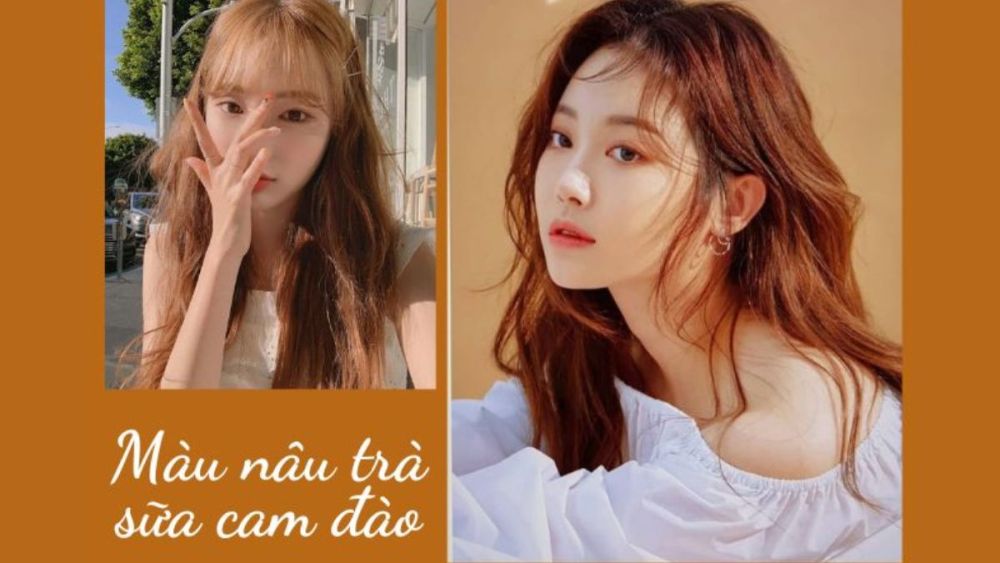 Hai người với mái tóc màu nâu trà sữa cam đào, một người ngoài trời và một người trong nhà.